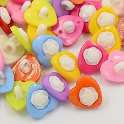 Acrylic Shank Buttons, 1-Hole, Dyed, Heart with Flower, Mixed Color, 14x14x4mm, Hole: 3x2mm