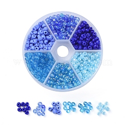 6/0 Perlas de semillas de vidrio, colores opacos y colores transparentes colores arcoíris y opacos y transparente y trans. colores arcoiris y ceilán, redondo, azul, 6/0, 4mm, agujero: 1~1.5 mm, 60 g / caja, aproximamente 600 unidades / caja