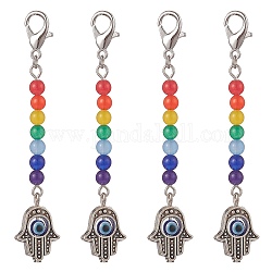 Alloy Hamsa Hand with Natural Dyed Malaysia Round Beaded Pendant Decoration, Colorful, 69.5mm