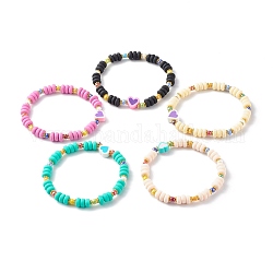 Handmade Polymer Clay Beads Stretch Bracelets, with Brass Spacer Beads and Glass Seed Beads, Heart, Mixed Color, Inner Diameter: 2-1/8 inch(5.35cm)