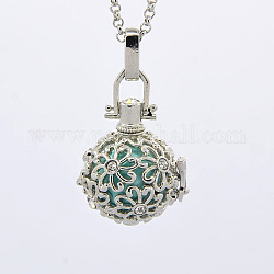 Platinum Brass Rhinestone Cage Pendants, Chime Ball Pendants, Flower, with Brass Spray Painted Bell Beads, Turquoise, 29x23x22mm, Hole: 3x5mm, Bell: 16mm