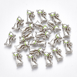 Aluminium Emaille Kätzchen Cabochons, passen schwimmende Medaillon Charms, Comic-Katze, grün, Platin Farbe, 10x5.5x2 mm