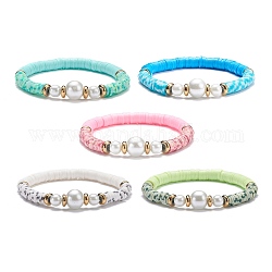 Bracelet extensible fait main en perles heishi en argile polymère, bracelet en perles de verre pour femme, couleur mixte, diamètre intérieur: 2-1/8 pouce (5.3 cm)