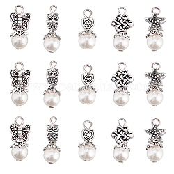 Arricraft 6 ensembles de pendentifs en perles imitées en acrylique, avec la découverte d'alliage de style tibétain, hibou & papillon & coeur & étoile de mer, argent antique, 18~23mm, Trou: 2.5mm, 5 pièces / kit, 30 pcs / boîte