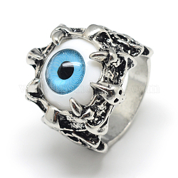 Legierung Harz Fingerringe, Breitbandringe, stämmige Ringe, Auge, Antik Silber Farbe, Größe 8, Licht Himmel blau, 18 mm
