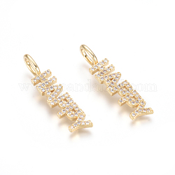 Brass Micro Pave Clear Cubic Zirconia Pendants, Word Happy, Golden, 29x6.5x2mm, Hole: 3.5x5.5mm