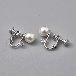 Bagues d'oreilles unies en laiton, avec perle d'imitation acrylique et boucle, pour oreilles non percées, platine, 16x20x8mm, Trou: 1.5mm, perles: 8 mm