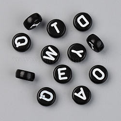 Abalorios acrílicos opacos, con esmalte, agujero horizontal, plano y redondo con la letra inicial, blanco, negro, 9.5x4.5mm, agujero: 2 mm