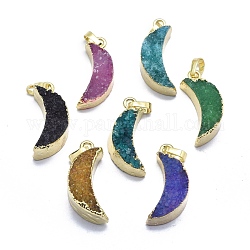 Natural Druzy Agate Pendants, Edge Golden Plated, with Golden Tone Brass Finding, Moon, Dyed & Heated, Mixed Color, 30~33x9.5~10x7.5~8.5mm, Hole: 3.5x5.5mm