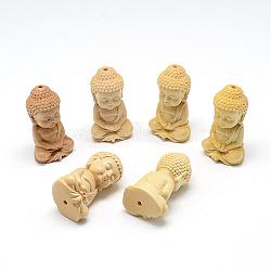 Boîte non teinte sculptée perles en bois naturel, Bouddha, blé, 37~40x22~23x19mm, Trou: 2~2.5mm