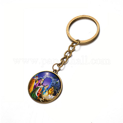 Alloy Keychain, with Glass, Flat Round with Human, Antique Bronze, 80x25mm