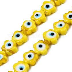 Chapelets de perles vernissées manuelles, fleur, jaune, 11x12x6mm, Trou: 1.6mm, Environ 33 pcs/chapelet, 14.57 pouce (37 cm)