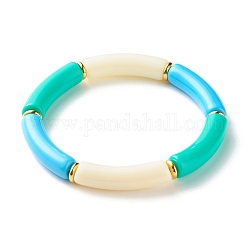 Bracelet extensible de perles de tube incurvées épaisses de couleur bonbon, bracelet perles acryliques femme, or, lumière bleu ciel, diamètre intérieur: 2-1/8 pouce (5.5 cm)