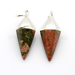 Bicone Natural Unakite Pendants with Silver Tone Brass Findings, 37x14x14mm, Hole: 8x5mm