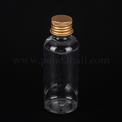 ペットのプラスチック製ミニ収納ボトル  トラベルボトル  化粧品用  クリーム  ローション  液体  アルミスクリューキャップ付き  ゴールドカラー  3.5x9.5cm  容量：60ml（2.03fl.oz）
