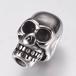 304 Stainless Steel European Beads, Large Hole Beads, Skull, Antique Silver, 16.5x9.5x12mm, Hole: 4mm