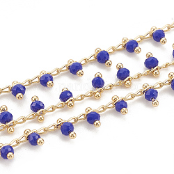 Chaînes de perles en verre manuels, soudé, avec bobine, Accessoires en laiton, facette, ronde, sans nickel, véritable 18k plaqué or, bleu, 5.5mm