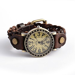 Women's Braided Leather Quartz WristWatches, with Alloy Watch Head, Coconut Brown, 245x20mm