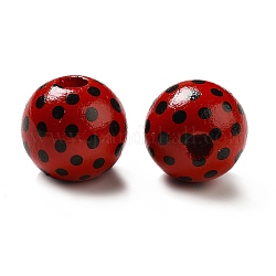 Perles rondes en bois imprimé, rouge et noir, motif de points de polka, 15.5~16x14.5~15mm, Trou: 3.5~5mm