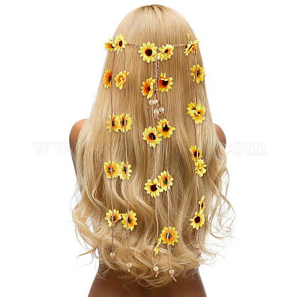 CRASPIRE Sunflower Headbands Flower Hippie Headband Floral Crown Boho Behemain Yellow Daisy Hippie Headpiece with Adjust Beads Hair Bands Tassel Hair Accessories OHAR-WH0011-12A-1