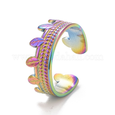 Ion Plating(IP) Rainbow Color 304 Stainless Steel Leaf Open Cuff Ring for Women RJEW-C025-03M-1
