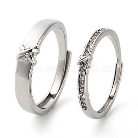 バレンタインデー真鍮パヴェクリアキュービックジルコニア調節可能なカップルリング  結び目の指輪  プラチナ  内径：17mm  2個/セット RJEW-Z023-01B-1