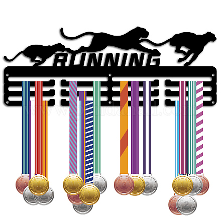 CREATCABIN Running Medal Holder Hanger Leopard Medal Rack Organizer Metal Shelf Medal Holder Stand Frame Hanging Wall Mounted with 12 Hooks 3 Rows for Athletes Gold Silver Bronze Race Black 15.7x6Inch ODIS-WH0037-250-1