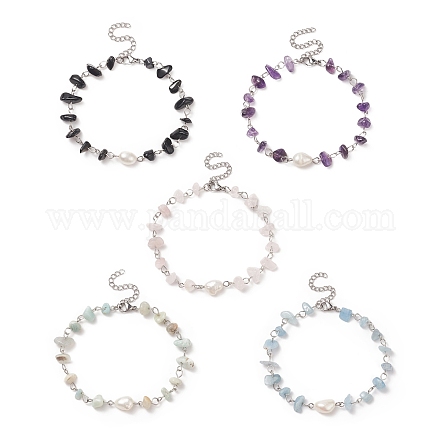 Bracelets de cheville en perles de pierres précieuses naturelles AJEW-AN00515-1
