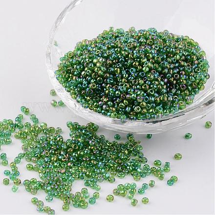 ラウンド透明レインボーカラーガラスシードビーズ  濃い緑  サイズ：直径約2mm  穴：1mm  約3306個/50g X-SEED-A007-2mm-167-1