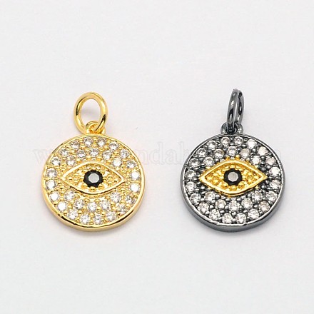 Flat Round with Evil Eye Brass Micro Pave Cubic Zirconia Charms ZIRC-F017-07-1