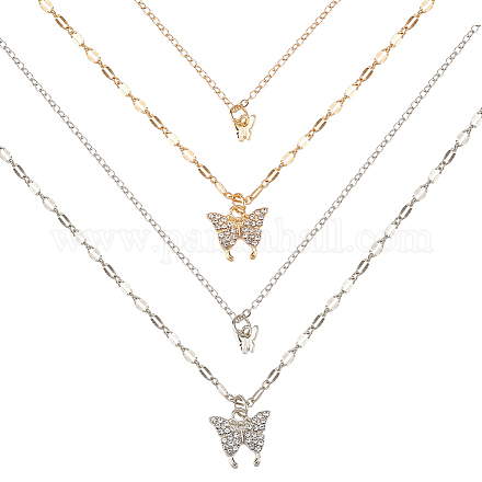 ANATTASOUL 2Pcs 2 Colors Crystal Rhinestone Butterfly Pendant Double Layer Necklaces Set NJEW-AN0001-23-1
