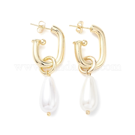 Orecchini pendenti ovali in ottone con perle in abs a goccia pendenti da donna EJEW-C059-02G-1