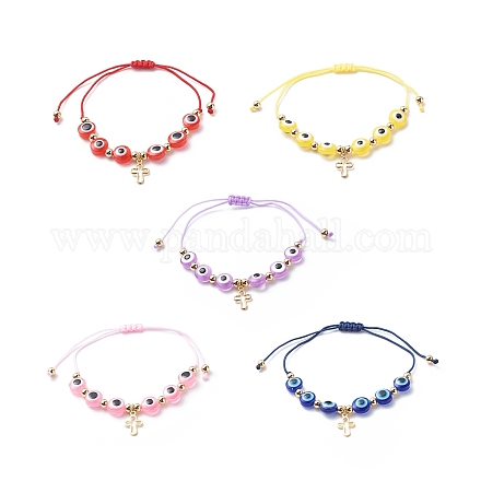 Braccialetti di perline intrecciati con piccoli ciondoli a croce in ottone per donna BJEW-JB08743-1