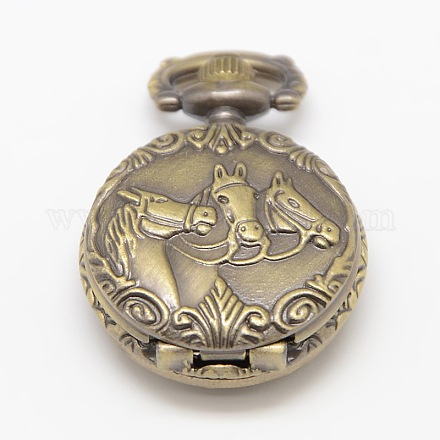 Vintage Flat Round Carved Horse Alloy Quartz Watch Heads for Pocket Watch Pendant Necklace Making WACH-M109-04-1