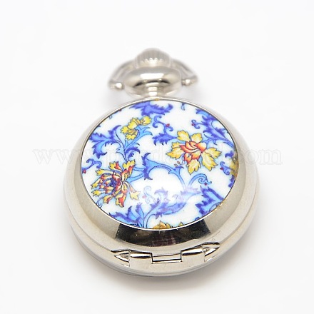 Flor de la aleación de porcelana impresa cabezas redondas planas que pueden abrirse reloj de cuarzo para collares del reloj de bolsillo materiales WACH-M111-02-1