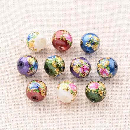 Flower Picture Printed Glass Round Beads GLAA-J087-10mm-B-1
