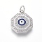 Brass Micro Pave Cubic Zirconia Pendants, with Enamel, Eight Trigrams with Evil Eyes, Clear, Platinum, 17x14x3.5mm, Hole: 3.5mm