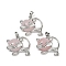 Natural Rose Quartz Kitten Pendants, Brass Cute Cat Shape Charms, Platinum, Long-Lasting Plated, Rack Plating, 28.5x30.5x10mm, Hole: 8x5mm