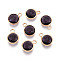 Golden Tone Brass Glass Charms, Flat Round, Faceted, Dark Slate Blue, 11~12x8.5~9x3.5~4mm, Hole: 1.8~2mm