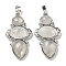 Natural Quartz Crystal Rock Crystal Pendants, Rack Plating Brass Flower Charms, Cadmium Free & Lead Free, Platinum, 47x24x6.5mm, Hole: 7.5x5mm