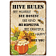 CREATCABIN Metal Tin Sign Hive Rules Bee Happy Retro Vintage Funny Wall Decor Art Mural Hanging Iron Painting for Home Garden Bar Pub Kitchen Living Room Office Garage Poster Plaque 8 x 12inch AJEW-WH0157-464-1