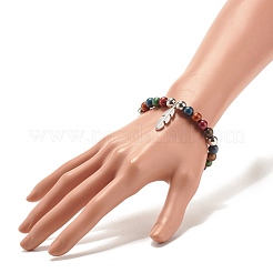 Braccialetto elasticizzato imitazione occhio di tigre con perline rotonde in acrilico con ciondolo piuma per le donne&nbsp;BJEW-JB07568