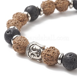 Pietra preziosa e testa buddista in lega e braccialetto elasticizzato con perline di legno per le donne&nbsp;BJEW-JB09151