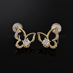 Серьги-гвоздики из латуни с микропаве и цирконием в форме бабочки&nbsp;EJEW-B131-07G-03