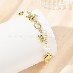 Armbänder aus ozeanblauem Edelstahl 304 mit Seestern-Gliederkette und Naturperle für Damen&nbsp;BJEW-JB14332