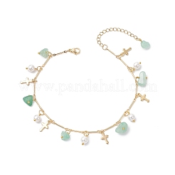 Bracelets de cheville à pampilles croisées en perles de coquillage rondes et en aventurine verte naturelle&nbsp;AJEW-AN00716-02