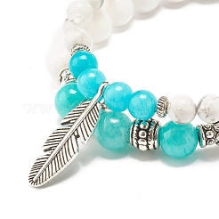 Braccialetti elastici con perline rotondi in pietra naturale da 2 pz 2 con ciondolo a forma di piuma per le donne&nbsp;BJEW-JB07577