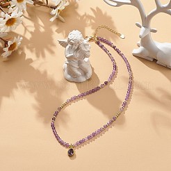 Collana con ciondolo a goccia di zirconi cubici con catene di perline di ametista naturale&nbsp;NJEW-JN04121-02
