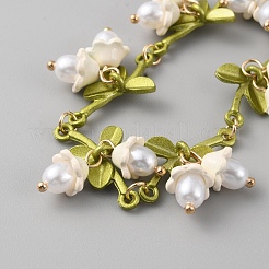 Пластиковый жемчужный браслет-цепочка с цветочным звеном&nbsp;BJEW-WH0011-22
