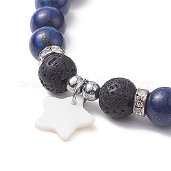 Pietra lavica naturale e ematite sintetica e braccialetti elasticizzati con perline di pietre preziose miste con ciondoli a forma di stella di conchiglia&nbsp;BJEW-JB09402
